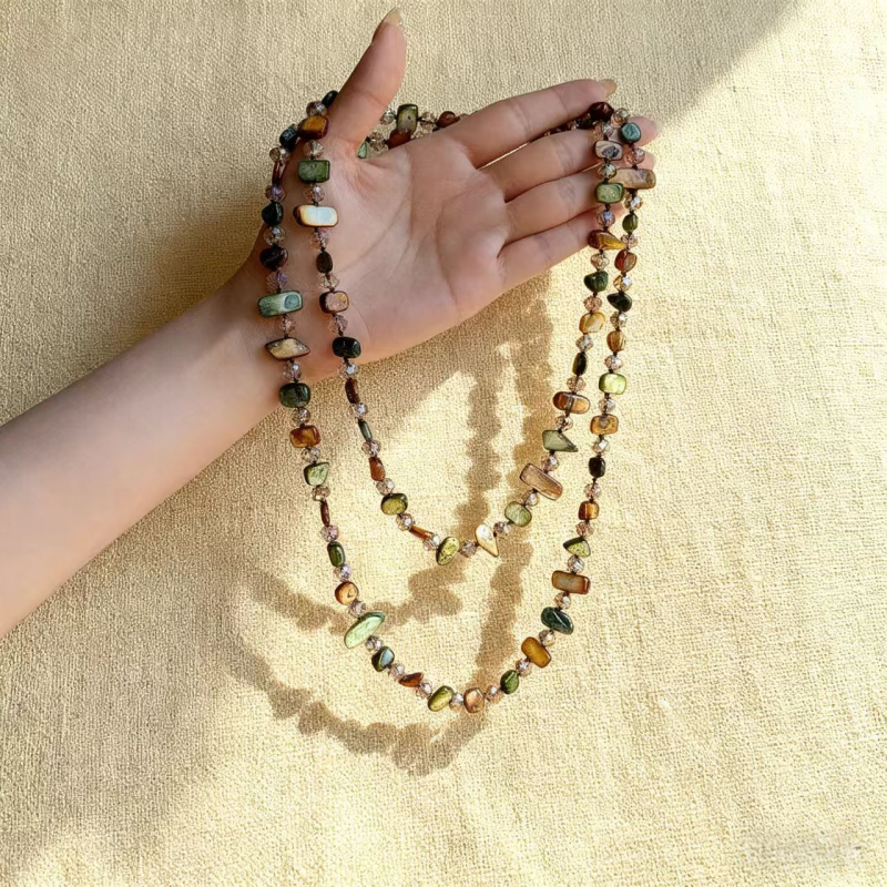 Огърлица от мидени мъниста с неравен геометричен дизайн, многослойна верига за пуловер, винтидж стил за жени