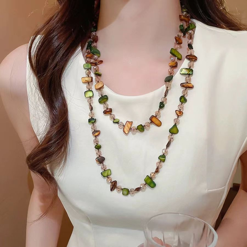 Огърлица от мидени мъниста с неравен геометричен дизайн, многослойна верига за пуловер, винтидж стил за жени