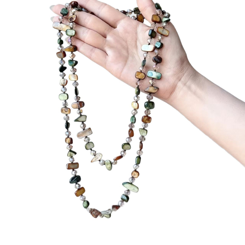 Огърлица от мидени мъниста с неравен геометричен дизайн, многослойна верига за пуловер, винтидж стил за жени