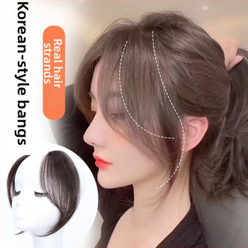 Parūka ar īsta cilvēka matiem ar vidēji dalītu daļu, diagonālās franču bangs – parūkas gabals dabiskam bezšuvju sejas kontūram