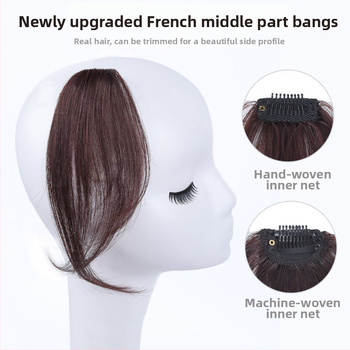 Parūka ar īsta cilvēka matiem ar vidēji dalītu daļu, diagonālās franču bangs – parūkas gabals dabiskam bezšuvju sejas kontūram