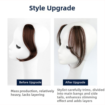 Parūka ar īsta cilvēka matiem ar vidēji dalītu daļu, diagonālās franču bangs – parūkas gabals dabiskam bezšuvju sejas kontūram