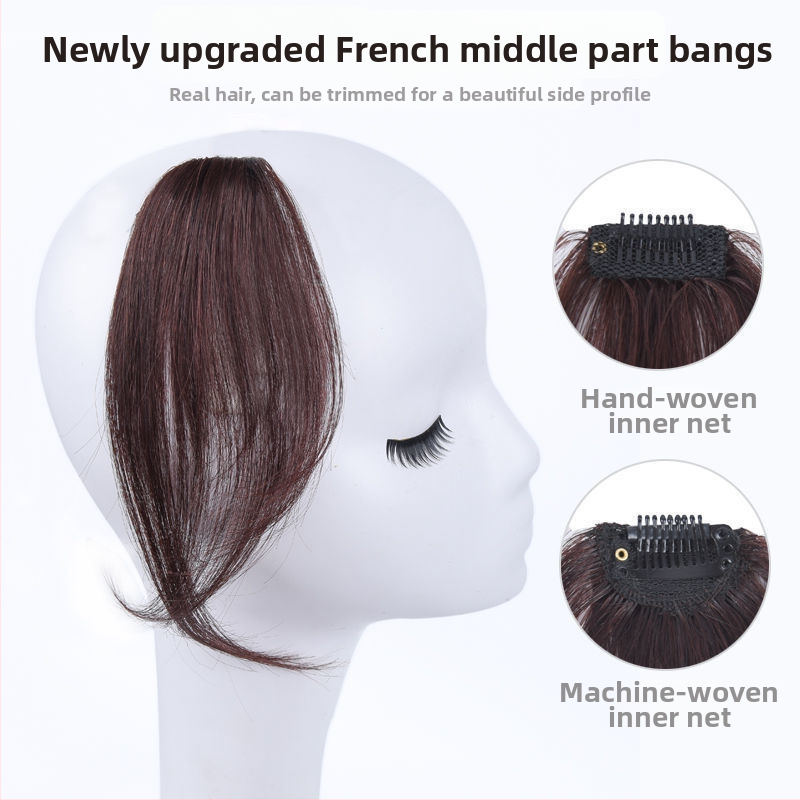 Parūka ar īsta cilvēka matiem ar vidēji dalītu daļu, diagonālās franču bangs – parūkas gabals dabiskam bezšuvju sejas kontūram