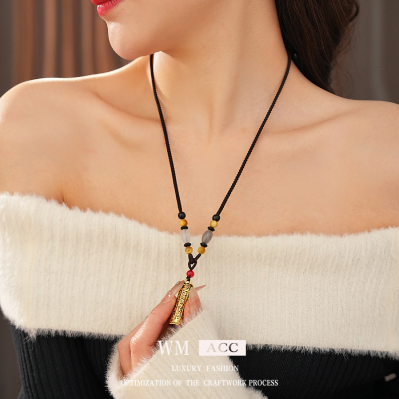 Огърлица от тигрово око с геометричен дизайн, електроплатирана свитерна върижка и висулка от сплав