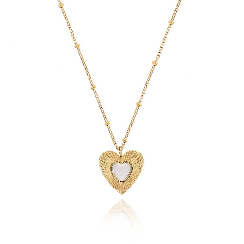 Szív alakú kagyló medálos nyaklánc, titánacél, 18K aranyozással, golyós lánc, gravírozott