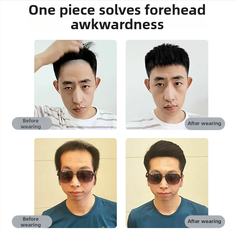 Vīriešu matu līnijas parūka - īsta cilvēka mati, pilnīgi rokām austs, M formas priekšējā līnija, bangs tips: taisni vai noliekts, piešķir apjomu pieres zonai