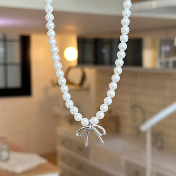 Colier cu pandantiv în formă de funda din perle artificiale, realizat manual, design geometric, lanț pentru pulover, lungime 41–50 cm