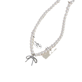 Colier cu pandantiv în formă de funda din perle artificiale, realizat manual, design geometric, lanț pentru pulover, lungime 41–50 cm