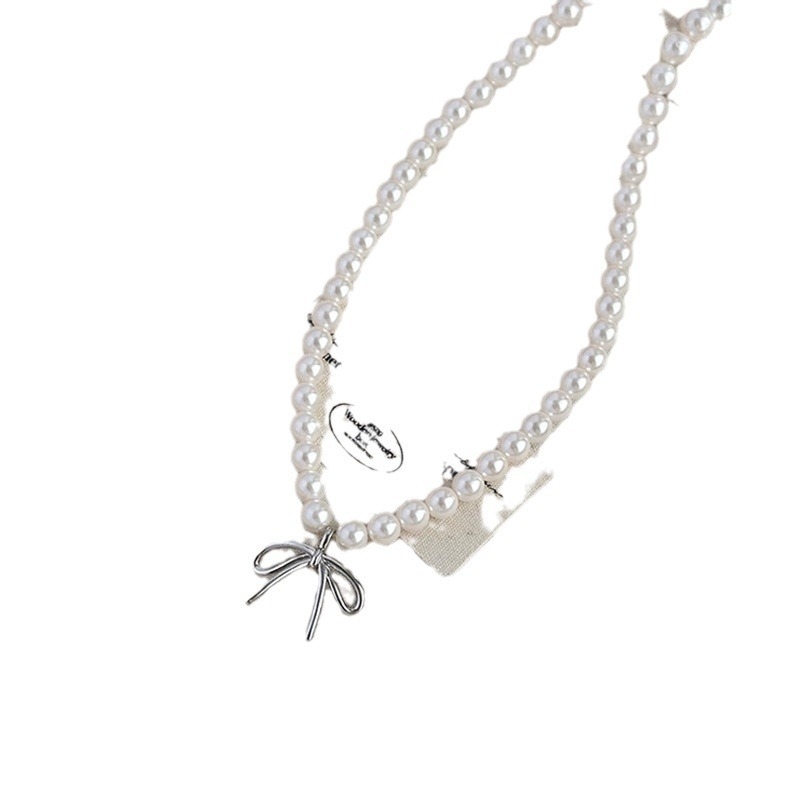 Colier cu pandantiv în formă de funda din perle artificiale, realizat manual, design geometric, lanț pentru pulover, lungime 41–50 cm