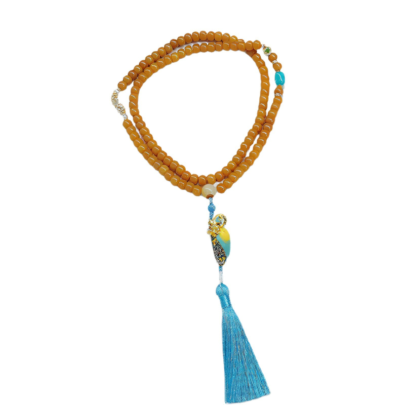 Ogrlica od perli s Bodhi privjeskom, u tikvasta obliku, s lancem od koralja; materijali Bodhi, chalcedon i biseri; obujam 31–40 cm