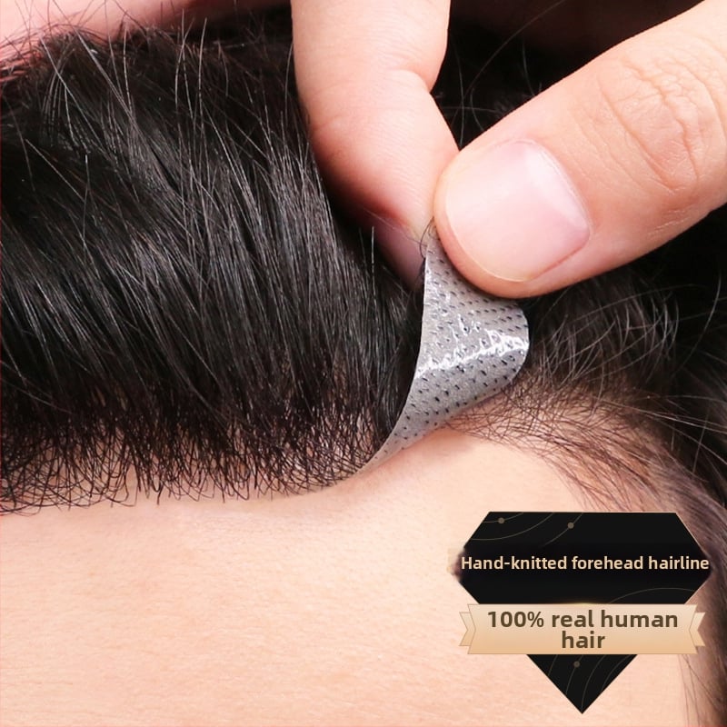 Férfi hajrész a homloknál, láthatatlan hajvonal, valós hajból készült teteje, rövid hossz, kézzel szőtt
