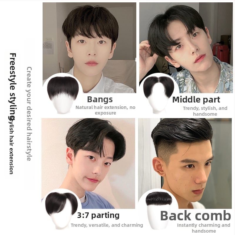 Vyrų plaukų įdėklas kaktai, nematoma plaukų linija, tikri plaukai viršugalvyje, trumpas ilgis, rankų audimas