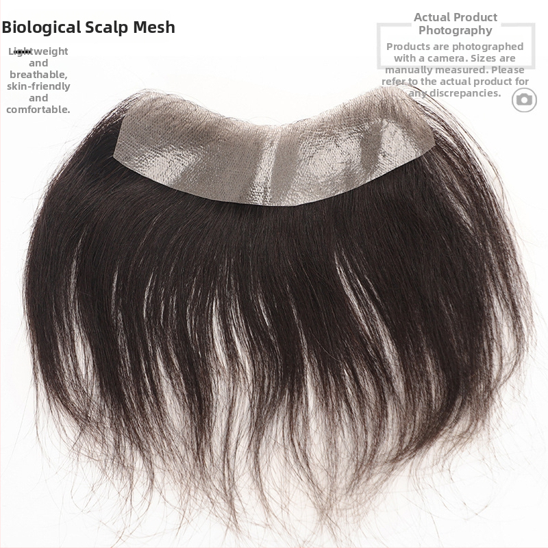 Vyrų plaukų įdėklas kaktai, nematoma plaukų linija, tikri plaukai viršugalvyje, trumpas ilgis, rankų audimas