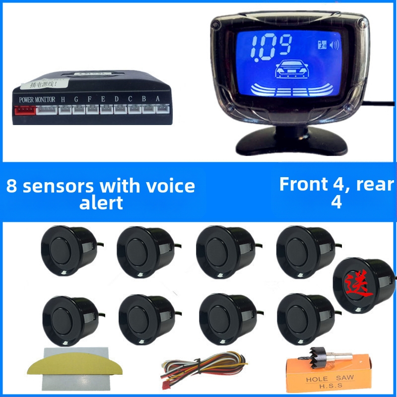 Automobilio atbulinės eigos radaro sistema su 4/6/8 jutikliais, realus balsinis įspėjimas, mėnulio formos LCD TFT ekranas, modelis SP-89-1