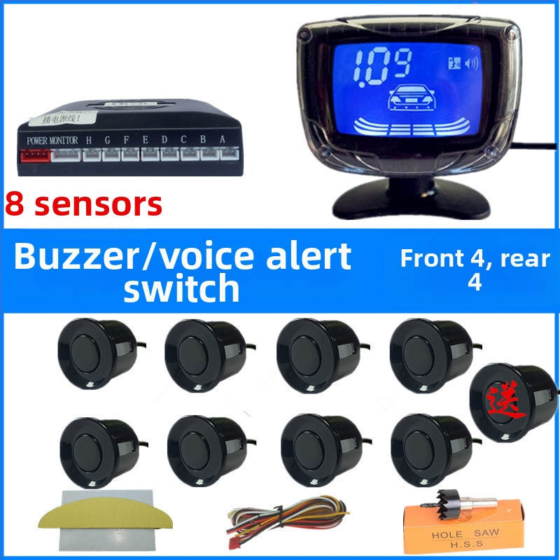 Automobilio atbulinės eigos radaro sistema su 4/6/8 jutikliais, realus balsinis įspėjimas, mėnulio formos LCD TFT ekranas, modelis SP-89-1