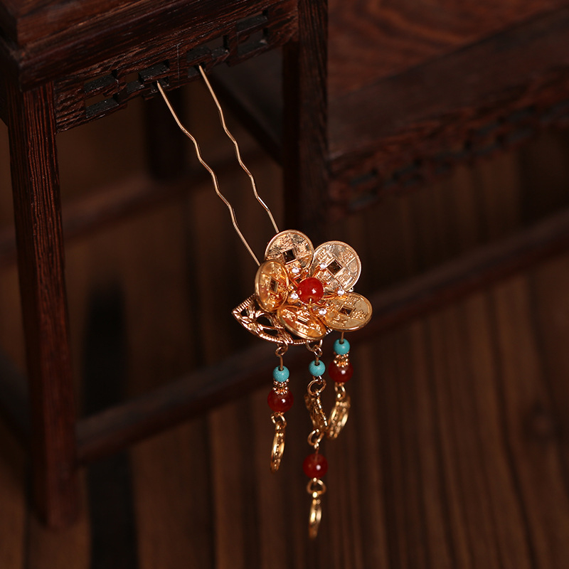 Ac de păr vintage Hanfu cu motiv de monedă din cupru – metal, design geometric, finisare cu ulei, personalizabil