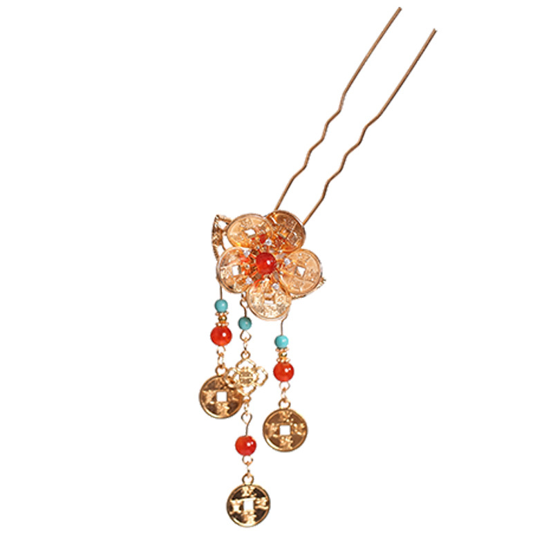 Ac de păr vintage Hanfu cu motiv de monedă din cupru – metal, design geometric, finisare cu ulei, personalizabil