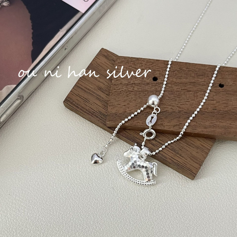 Colier din argint 925, lanț cu zale sferice, pandantiv cal, lungime reglabilă 51-60 cm