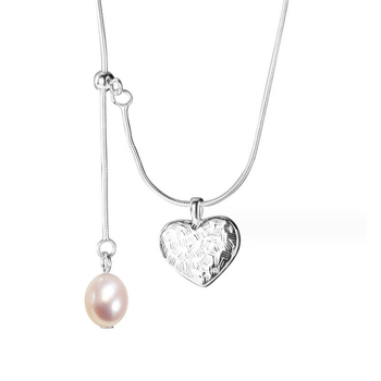 Ogrlica od srebra S925 s teksturiranim srcolnim privjeskom i slatkovodnim biserima, zmijskim lancem, za žene