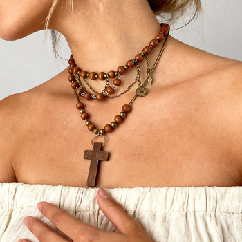 Geometriai ötvözet nyaklánc fa gyöngy medállal, elektroplatingos felület, uniszex, 24 g