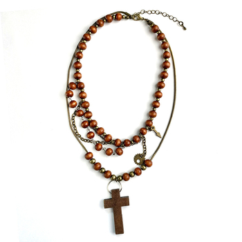 Geometriai ötvözet nyaklánc fa gyöngy medállal, elektroplatingos felület, uniszex, 24 g