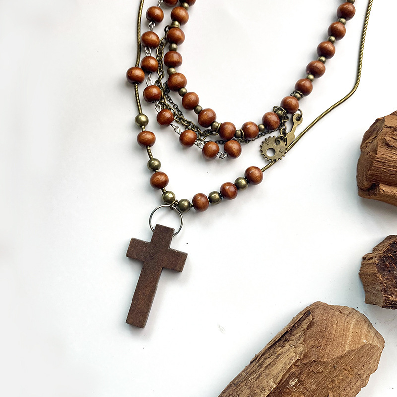 Geometriai ötvözet nyaklánc fa gyöngy medállal, elektroplatingos felület, uniszex, 24 g