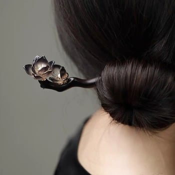 Шпилка за коса от ебоново дърво с мотив цветя, винтидж стил, аксесоар за глава, пускана през пролетта 2025 г.