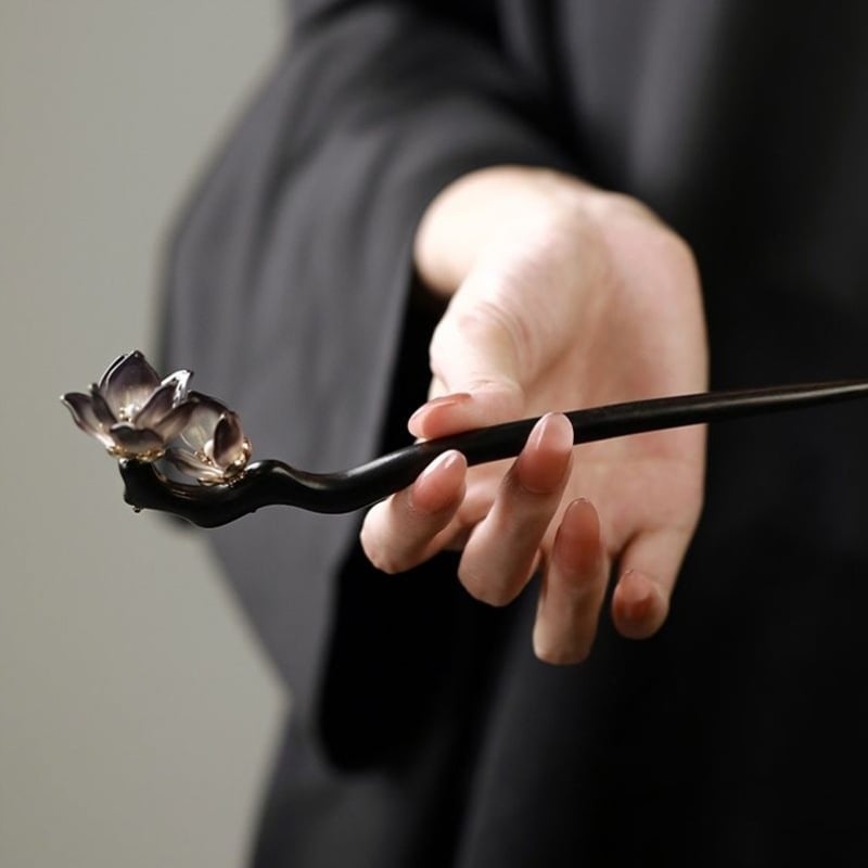 Шпилка за коса от ебоново дърво с мотив цветя, винтидж стил, аксесоар за глава, пускана през пролетта 2025 г.