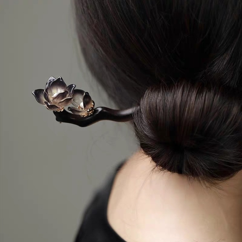 Шпилка за коса от ебоново дърво с мотив цветя, винтидж стил, аксесоар за глава, пускана през пролетта 2025 г.