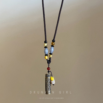 Colier din alamă cu pandantiv deschis, lanț lung tip pulover, stil tibetan vintage, pentru femei