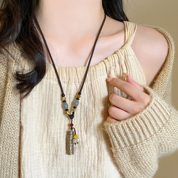 Colier din alamă cu pandantiv deschis, lanț lung tip pulover, stil tibetan vintage, pentru femei