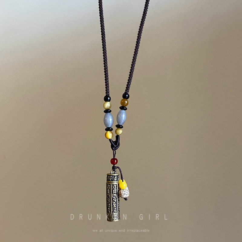 Colier din alamă cu pandantiv deschis, lanț lung tip pulover, stil tibetan vintage, pentru femei