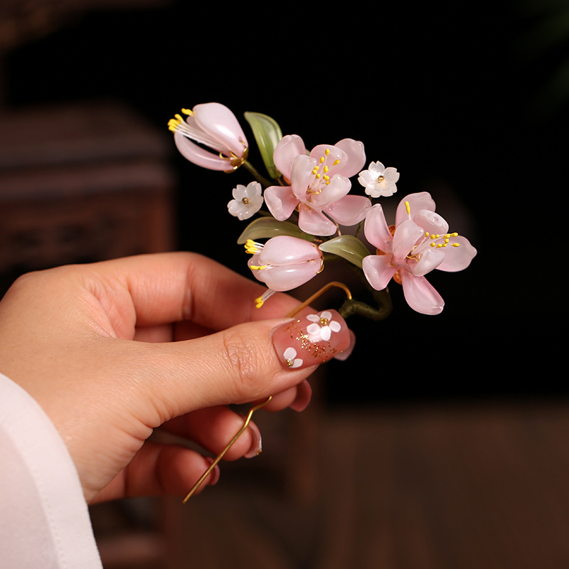 Accesoriu pentru cap - Piuneză de păr în formă de U, roz, stil Hanfu vintage cu model floral, material din sticlă, personalizabil