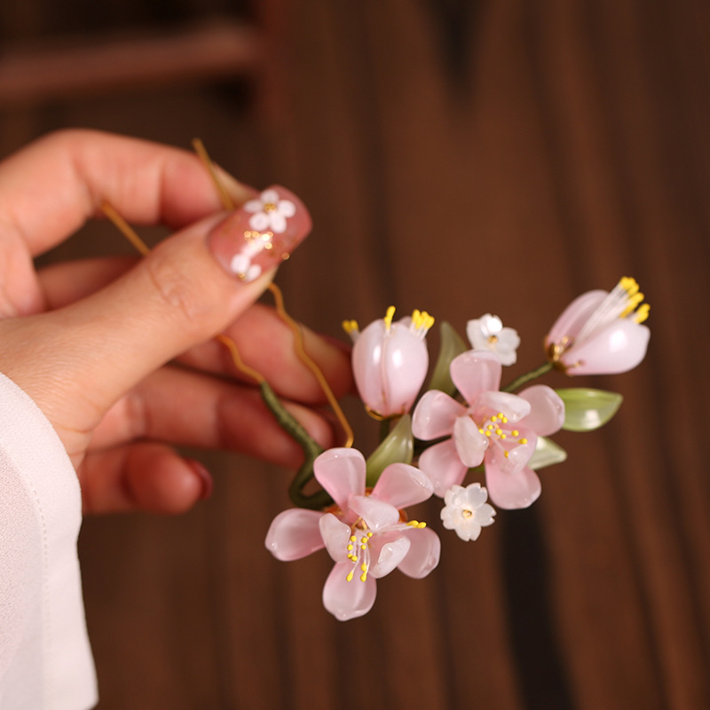 Accesoriu pentru cap - Piuneză de păr în formă de U, roz, stil Hanfu vintage cu model floral, material din sticlă, personalizabil