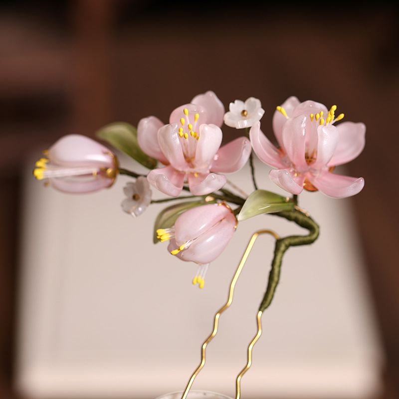 Accesoriu pentru cap - Piuneză de păr în formă de U, roz, stil Hanfu vintage cu model floral, material din sticlă, personalizabil