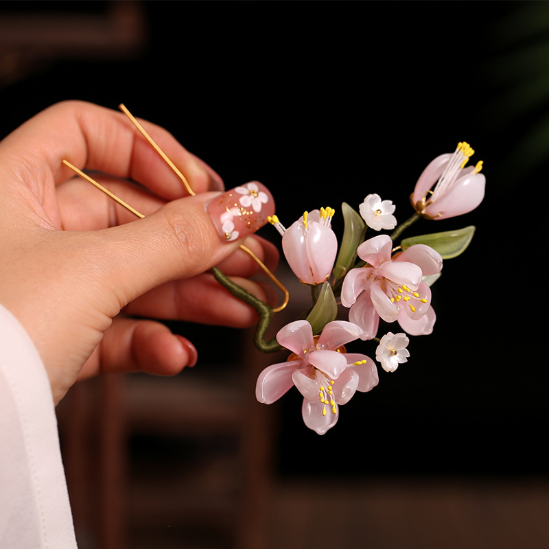 Accesoriu pentru cap - Piuneză de păr în formă de U, roz, stil Hanfu vintage cu model floral, material din sticlă, personalizabil