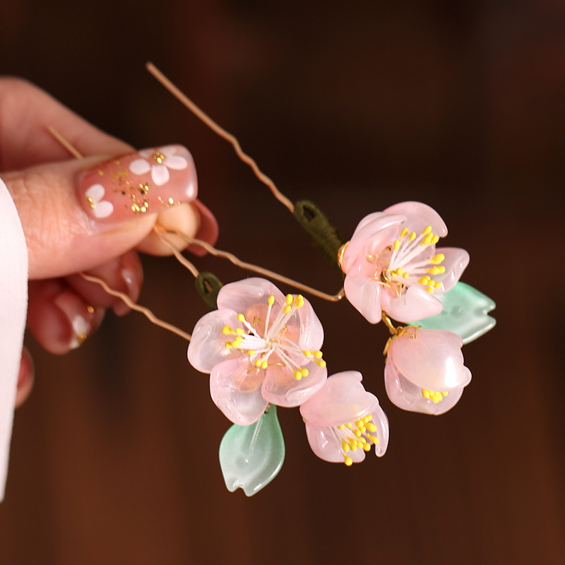 Agrafă pentru păr cu floare din sticlă în formă U pentru Hanfu – accesorii retro pentru femei, stil floral, ambalare independentă, personalizare disponibilă