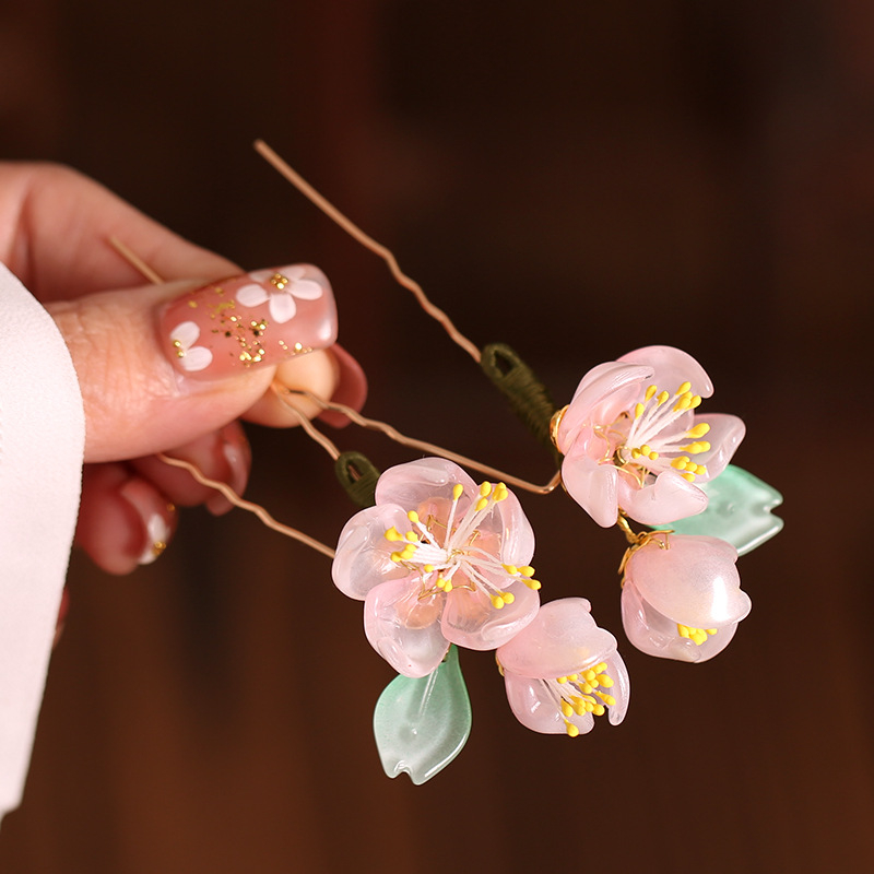 Agrafă pentru păr cu floare din sticlă în formă U pentru Hanfu – accesorii retro pentru femei, stil floral, ambalare independentă, personalizare disponibilă