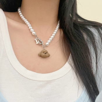 Colier cu perle artificiale și pandantiv din aliaj, formă geometrică, lanț din perle, stil vintage artistic