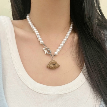 Colier cu perle artificiale și pandantiv din aliaj, formă geometrică, lanț din perle, stil vintage artistic