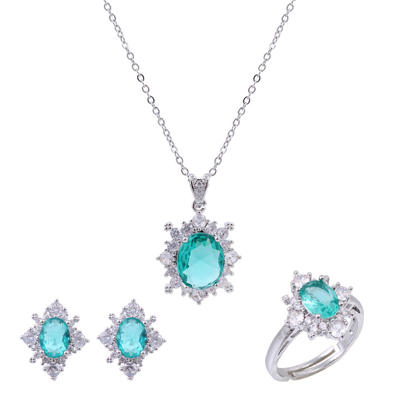 Set de bijuterii din trei piese: colier, inel și cercei, din cupru, stil geometric, prelucrare cu diamant și încrustare zirconiu