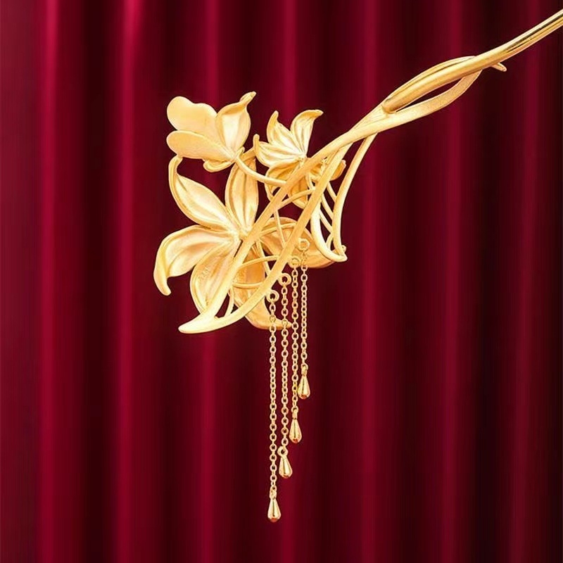 Agrafă de păr din cupru cu ciucuri florali – stil național, placare electroplată