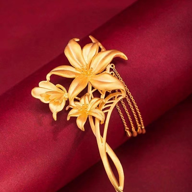 Agrafă de păr din cupru cu ciucuri florali – stil național, placare electroplată