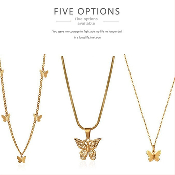 Colier - pandantiv fluture decupat, oțel titan, placare electrolitică, lanț tip oase de șarpe, stil rece