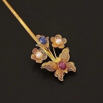 Pină de păr din cupru cu filigran, motiv albina- floare – accesoriu Hanfu pentru nuntă, iarnă 2022