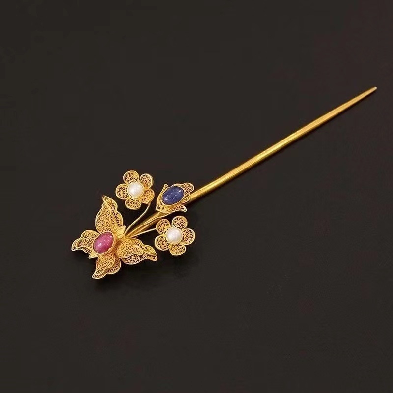 Pină de păr din cupru cu filigran, motiv albina- floare – accesoriu Hanfu pentru nuntă, iarnă 2022