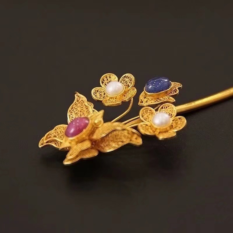 Pină de păr din cupru cu filigran, motiv albina- floare – accesoriu Hanfu pentru nuntă, iarnă 2022