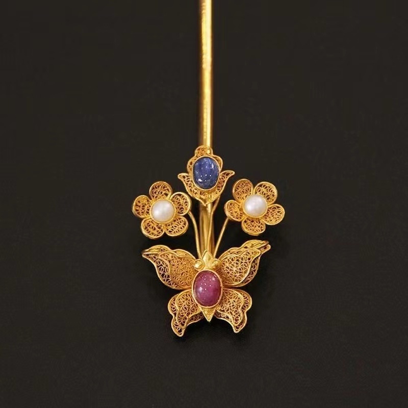 Pină de păr din cupru cu filigran, motiv albina- floare – accesoriu Hanfu pentru nuntă, iarnă 2022