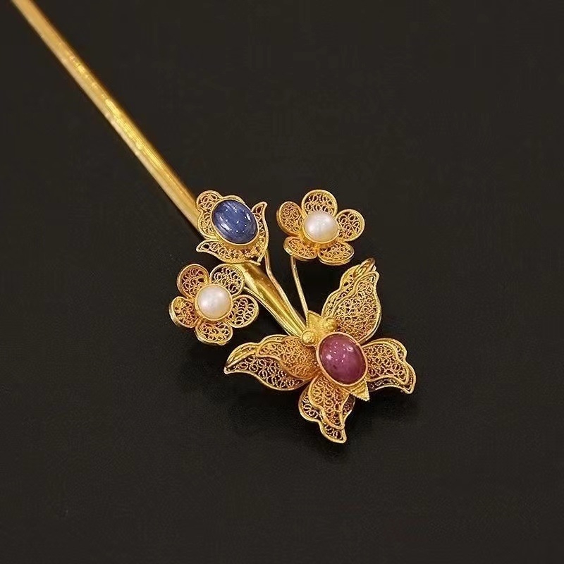 Pină de păr din cupru cu filigran, motiv albina- floare – accesoriu Hanfu pentru nuntă, iarnă 2022