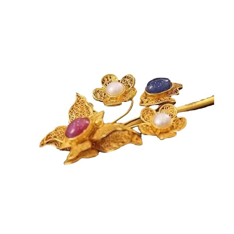 Pină de păr din cupru cu filigran, motiv albina- floare – accesoriu Hanfu pentru nuntă, iarnă 2022